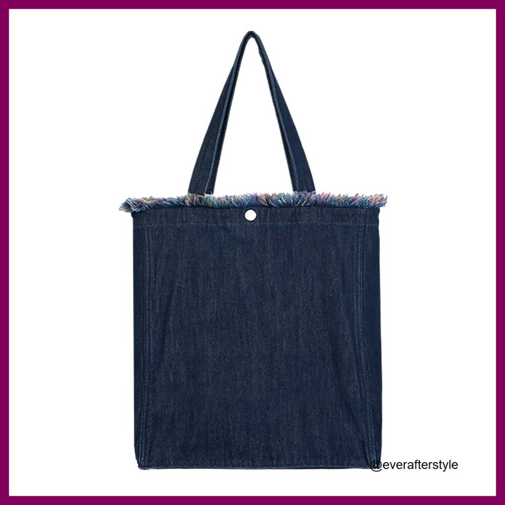Lightweight Foldable Designer Shoulder Bag Boho Fringe Denim Tote Zipper Pockets